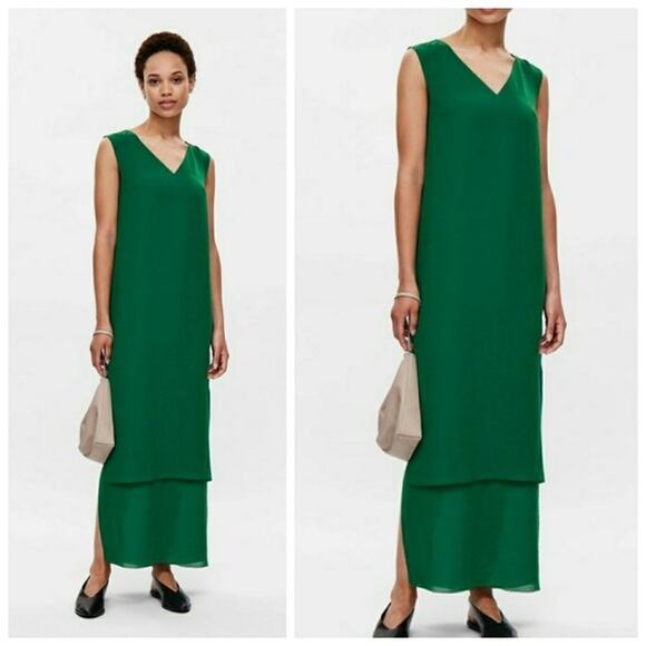 COS Evergreen Lagenlook Tiered Crepe Chiffon Sleeveless Maxi Tank Dress Women 2 - Picture 1 of 10